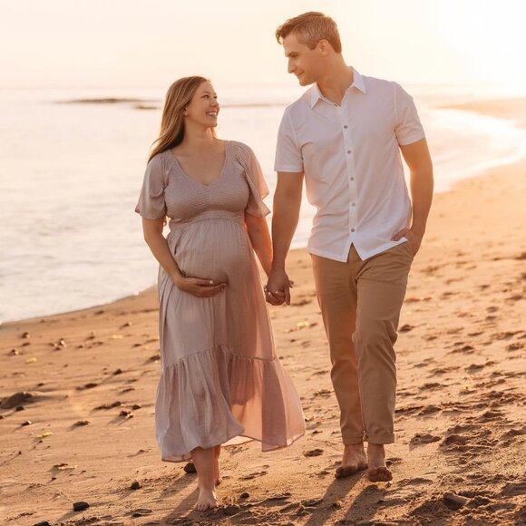 Pinkblush Grey Lavender Satin Smocked Maternity Midi Dress size S - Picture 3 of 3